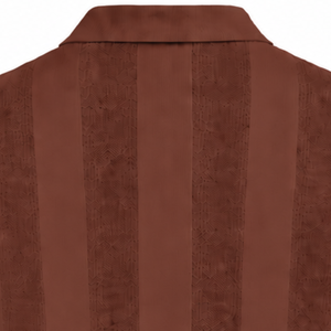 Chocolate <b>Brown</b> Mens <b>Long</b> <b>Sleeve</b> Knit Polo Shirt Textured Vertical Stripe Design Ribbed Cuffs Smart Casual Premium Pullover <b>Top</b> - Product Image 4
