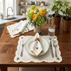 Custom Classic Luxury Washable Embroidery Bee Hives Placemats Napkins Sets Yellow Scallop Border 100% Cotton <b>Mats</b> for Home - Product Image 1