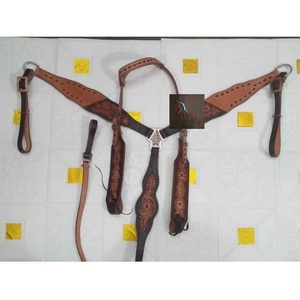 Western Two Tone <b>Leather</b> One Ear Horse Headstall & Breast Collar Set Floral Hand <b>Tooled</b> Design Rawhide Braiding Riding Tack Gear - Product Image 1