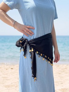 Handmade Silk Stretchable <b>Black</b> Square Scarf Gold Coin Blue Bead Trim for Women Embroidery Crafts Cross-stitching Needlework - Product Image 5