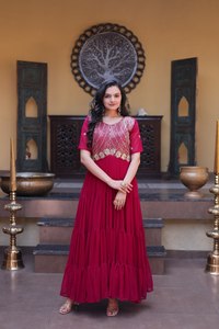 Elegant Faux Blooming Embroidered Gown with Zari <b>Sequins</b> Work High <b>Flare</b> Party Wear Dress for Women - Product Image 3