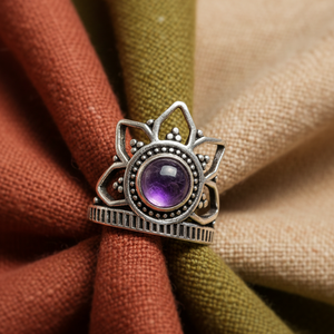 Violet Aura Amethyst Lotus Crown <b>Ring</b> Brass Silver Plated Bezel Setting Bohemia Style Handmade Unisex Jewelry - Product Image 6