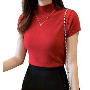 Suéter de manga corta ajustado para mujer, con cuello de botones, tejido acanalado, top básico informal, bordado frontal vintage de invierno, OEM ODM - Product Image 4