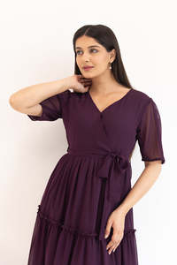 Robe midi en mousseline violette à col en V avec ourlet étagé, manches trois quarts, coupe trapèze, style décontracté à nouer, pour le printemps et le quotidien - Product Image 4
