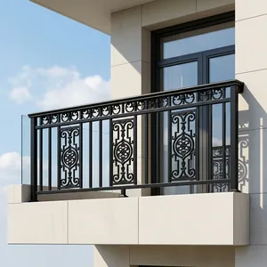 Rampe de balcon moderne en fer forgé noir avec panneaux floraux décoratifs pour terrasse, véranda et clôture de sécurité extérieure - Product Image 3