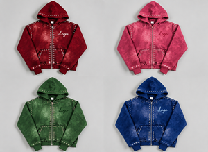 Sweat à capuche pour homme personnalisé, style streetwear, coupe ample à épaules tombantes, en molleton 100% coton, fermeture éclair, avec rivets et strass, grammage lourd - Product Image 6