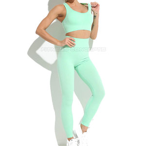 Ensemble de yoga sans couture pour femme, vêtements de sport 2 pièces, haut court vert menthe, leggings taille haute, longueur intégrale, vêtements de sport respirants - Product Image 6
