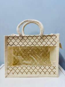 Venta al por mayor Mini yute bolsa de compras Ventana de PVC transparente de calidad superior logotipo personalizado cremallera duradera elegante moda señora comestibles - Product Image 3