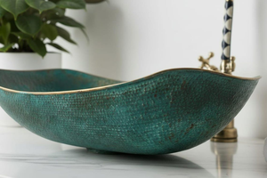 Hammered Copper Boat Sink Teal Verdigris Vessel Basin Oval <b>Vanity</b> Washbasin Handmade <b>Rustic</b> Luxury Copper <b>Bathroom</b> Sink - Product Image 4