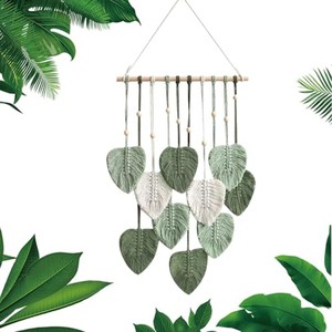 Tapiz de Pared de Macramé con Diseño de Hojas en Madera de Teca Hecho a Mano |   Decoración Bohemia para el Hogar al por Mayor - Product Image 1