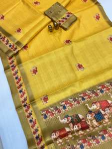 Sari en lin de créateur avec broderie Zari et motif intégral Mina Kalamkari, bordure contrastante, prêt-à-porter, séchage rapide - Product Image 2