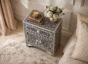 Black and <b>White</b> Bone Inlay Nightstand Pearl Inlay <b>Bedside</b> Cabinet Floral Pattern Storage Table for Bedroom - Product Image 3