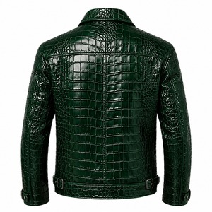Veste moto en cuir PU vert pour homme, col rabattu, fermeture éclair, motif crocodile embossé, coupe ajustée, style automne - Product Image 5