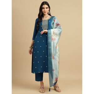 RENDING RAYON SLUB CODING WORK TOP BOTTOM WITH DUPATTA BLUE - Product Image 1