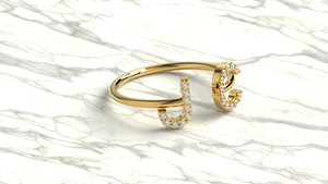 18K Gold Two <b>Initial</b> <b>Ring</b> Pave Diamond Letter J C Alphabet Open Adjustable <b>Ring</b> Monogram Name Bypass Band Fine Jewelry Women - Product Image 3