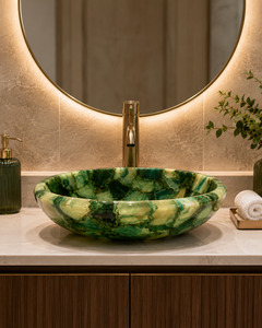 Lavabo Ovalado de Piedra con Patrón de Ágata Verde, Estilo Art Deco, Ecológico, Contemporáneo, para Baño, Instalación en Pared, Diwali - Product Image 2