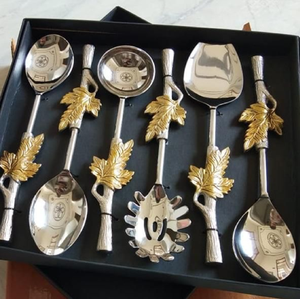 Ustensiles en argent poli avec texture de bark réaliste et feuilles d'automne dorées saisissantes, idéaux pour la vente en gros de cadeaux haut de gamme. - Product Image 1