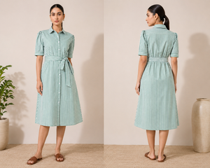 Elegante Vestido Midi de Algodón a Rayas con Botones Delanteros, Mangas Abullonadas, Cinturón, Estilo Bohemio, Corte Recto y Bajo Acampanado, Vestido Sencillo para Fiesta - Product Image 6