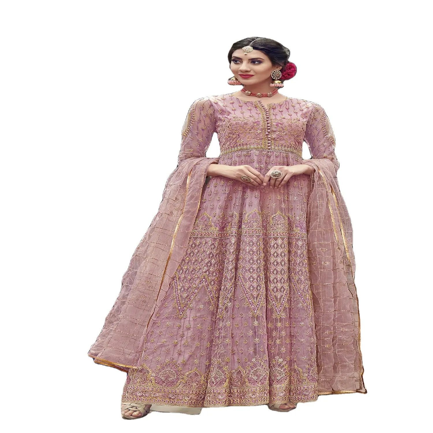 Esclusivo lusso rosa rete e velluto ricamato specchio e pietra lavoro stile islamico Anarkali chudidaar con dupatta per le donne