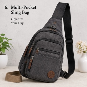 Sac à bandoulière en toile multi-poches avec fermeture à glissière pour un usage quotidien - Product Image 1