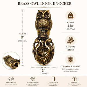 SHUBHAM Sonnette de porte en laiton en forme de hibou, style Art Déco, faite à la main, moulée sous pression, anneau décoratif, poignée de frappe, finition antique pour entrée de maison - Product Image 4