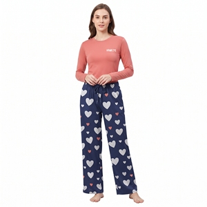 Women's <b>Heart</b> Design Pajamas Long Sleeve O Neck <b>Top</b> and Pants Elastic Waist Soft Breathable Sleepwear Set - Product Image 1
