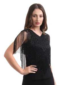 Capelet noir à franges perlées, à volants festonnés et à pompons, pour mariage, boléro, veste en polyester - Product Image 6
