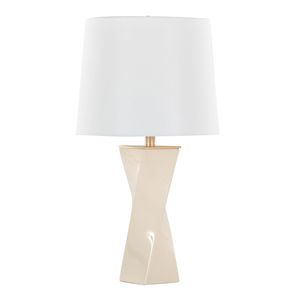 Lampada da tavolo Curvo in ceramica da 27 pollici, design contemporaneo quadrato con ceramica color crema, metallo dorato e lino bianco - Product Image 1