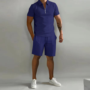 Men's Solid Blue Polo T-Shirt and Shorts <b>Set</b> Casual Summer Wear Quarter-Zip <b>Knitted</b> Breathable Outfit - Product Image 1