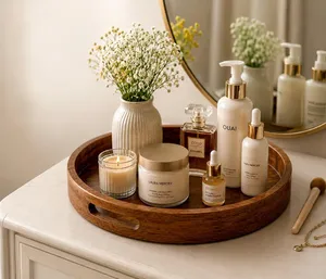 Plateau de service rond avec poignées, plateau décoratif en bois pour la maison, la cuisine, la table basse, le petit-déjeuner - Product Image 4