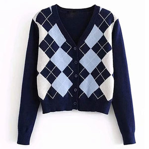 Women's V-Neck <b>Argyle</b> Knitted Cardigan Long Sleeve Preppy Style Autumn <b>Sweater</b> Contrast Color Button Closure Short Length - Product Image 1