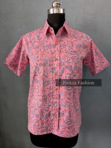 Chemise boutonnée à manches courtes pour homme, personnalisée OEM, imprimé floral rose, 100% coton, imprimé en bloc, haut d'été - Product Image 1