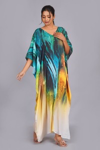 Woven Abstract Print V-neck Backless Natural Waistline <b>Kaftan</b> <b>Maxi</b> Dress Loose Fit Batwing Sleeves Lightweight Beachwear - Product Image 4