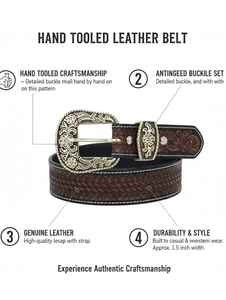 Cinturón Western de Cuero Genuino para Hombre Rub International con Detalles en Turquesa, Hebilla Metálica Grabada y Patrón Floral en Relieve - Product Image 4