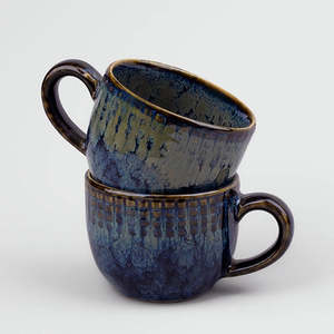 Blue Glossy Ceramic <b>Tea</b> Cup Set of 2 Microwave Safe Striped Pattern Japandi Style <b>Mug</b> with Saucer Japanese Inspired Design - Product Image 1