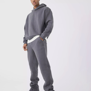 Conjunto de Sudadera con Capucha Gris Unisex, Manga Larga, Patrón Geométrico, Ropa Deportiva Informal, Bolsillos Laterales, Corte Holgado, Ligero - Product Image 1
