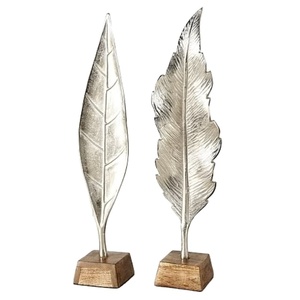 Modern Luxury Silver Aluminum <b>Leaf</b> Sculpture Set On Wooden Base Elegant Handmade Metal Feather Tabletop Home Office Decor Accent - Product Image 1