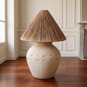 Lámpara de Mesa Rústica de Cerámica con Pantalla de Rafia Plegada, Base Curva Ondulada, Estilo Wabi Sabi, Lámpara de Noche Minimalista con Base para Bombilla E27, Estilo Bali - Product Image 2