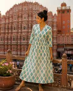 Bohemian Floral Printed Cotton Vintage Eco-Friendly <b>Dress</b> Natural Waist <b>Elastic</b> Closure Long Sleeve V-Neck Maxi - Product Image 1