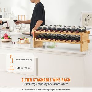 Estante de Almacenamiento de Vino de Bambú Sólido de 2 Niveles, Capacidad para 18 Botellas, Apilable, Modular, Independiente, Exhibidor de Vino de Pie - Product Image 4