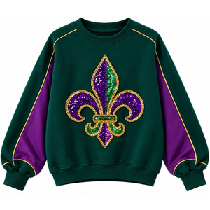 Sweat-shirt à col rond pour femme, imprimé paillettes Mardi Gras, épaules tombantes, manches longues, violet - Product Image 4