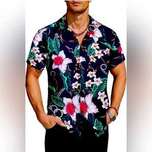 Chemise Hawaïenne Homme Col Montant Bouton Unique Manches Courtes Imprimé Feuilles Tropicales Noir Vert Tenue Vacances Hiver Respirante - Product Image 2