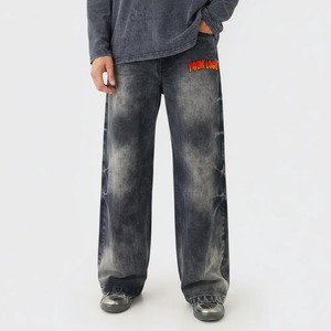 Men's Stonewashed Wide Leg <b>Jeans</b> With <b>Elastic</b> <b>Waist</b> And Logo On Right Leg Casual Style Autumn Wear - Product Image 5