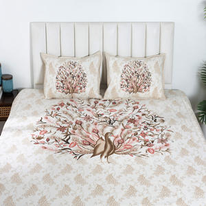 Sábana Plana con Estampado de Pavo Real en Negro Real, Cubrecama de Algodón con Diseño Floral Étnico, 2 Fundas de Almohada, Precio al por Mayor - Product Image 2