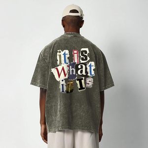 เสื้อยืดโอเวอร์ไซส์ลายกราฟิกพิมพ์ตัวอักษรสำหรับผู้ชาย สไตล์วินเทจ ล้างสีแบบแอซิดวอช สตรีทแวร์ แร็ปเปอร์ เสื้อยืดลำลอง รับทำโลโก้ OEM ผ้าฝ้าย 100% 240 GSM - Product Image 1
