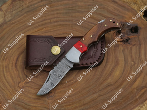 Couteau pliant industriel de qualité supérieure en acier Damas forgé à la main, lame pointue, manche en bois de rose et pierre précieuse rouge, couteau torsadé, le plus vendu - Product Image 4