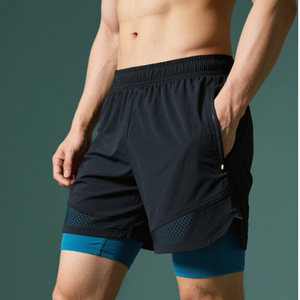 Shorts de sport pour homme à imprimé floral, séchage rapide, avec poche zippée, taille mi-haute, fermeture à cordon, tissu tricoté en spandex et polyester - Product Image 4