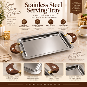 Elegante Bandeja de Servir de Acero Inoxidable con Asa de Madera en Forma de Estrella de Media Luna | Bandeja Rectangular para Té, Aperitivos, Postres, Fiestas y Uso Diario - Product Image 5