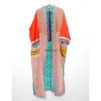 Kimono de Estilo Vintage en Satén de Seda con Cuello en V, Cierre con Cordón, Estampado, Modesto, para Verano e Invierno, Mangas Tres Cuartos, Secado Rápido