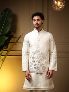 Conjunto de pantalón y kurta Daman Koti de seda pesada para hombre con bordado y lentejuelas, traje étnico de seda slub para fiestas y bodas. - Product Image 4